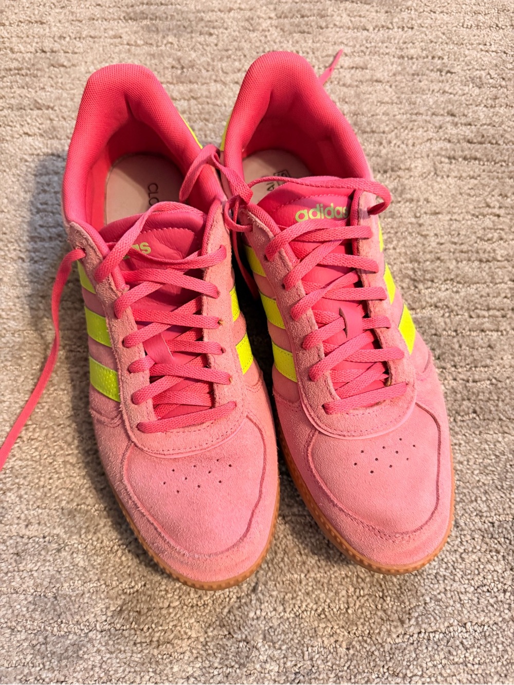 Adidas Women's Pink Suede Athletic Sneakers with neon green.